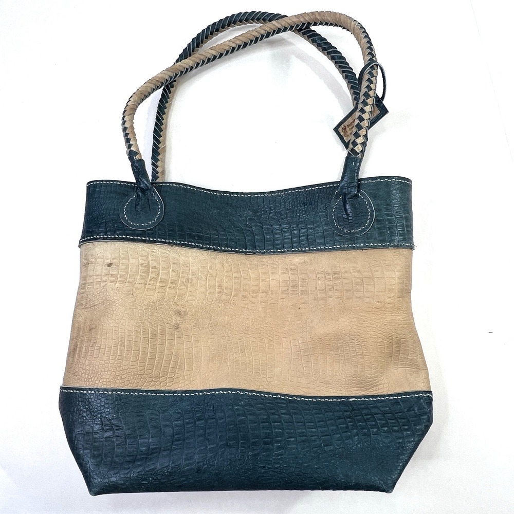 Handmade Genuine Leather Tote Bag Croc Embossed Kokopelli Green Tan Purse